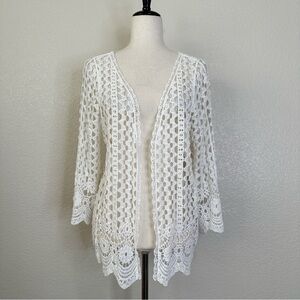 Do Everything In Love White Crochet Knit Open Front Cover up Cardigan, One Size